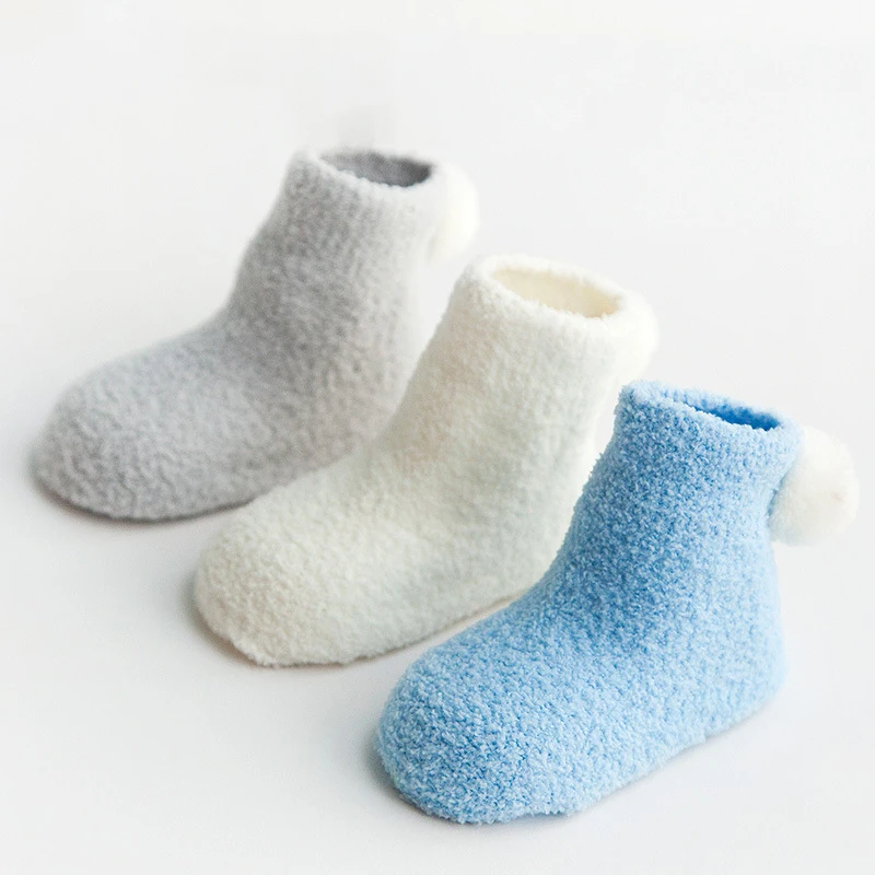 Cute 3Pairs Thick Warm Baby Socks Autumn and Winter Baby Solid Color Coral Velvet Ball Newborn Toddler Floor Socks 0-1-3Y Cute 3Pairs Thick Warm Baby Socks Autumn and Winter Baby Solid Color Coral Velvet Ball Newborn Toddler Floor Socks 0-1-3Y