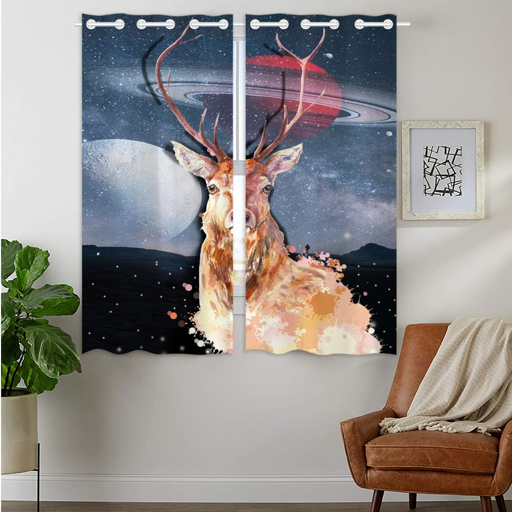 

Blackout Curtains Darkening 2 Panels Grommet Window Curtain for Bedroom Animal Deer Moon Galaxy Nebula Camouflage Black