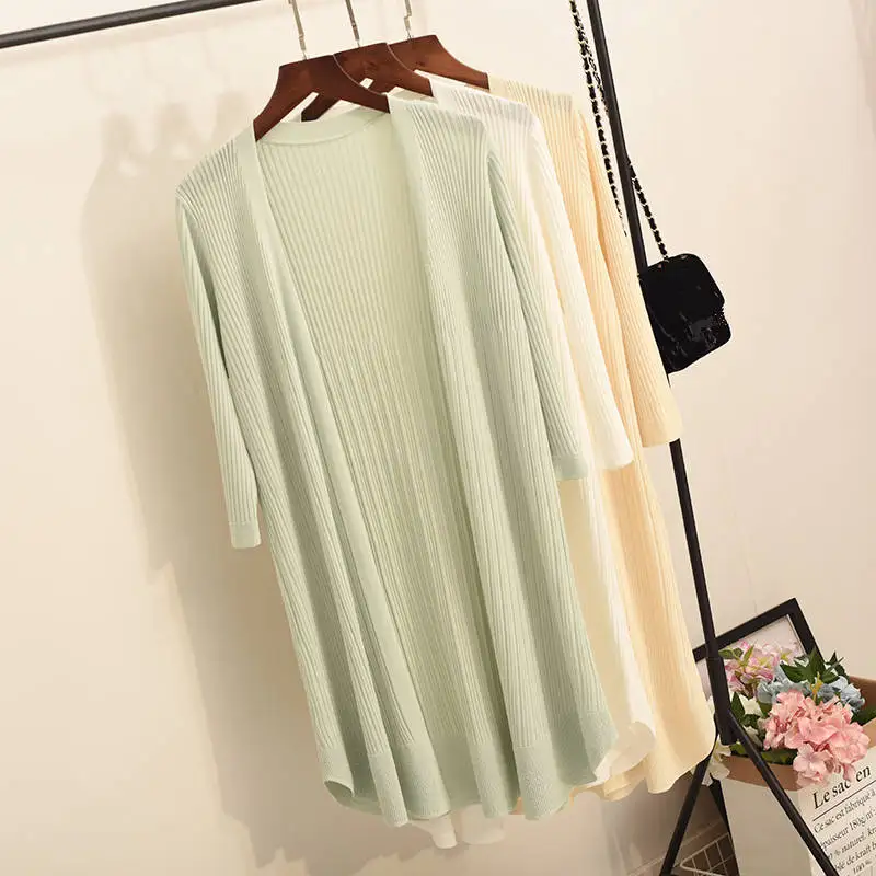 

Women Long Cardigan Jacket Summer Thin Artificial Ice Silk Knitted Cardigans Female Casual Loose Sweater Coat Jacket Women C5612