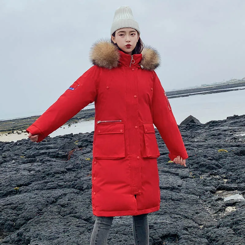 Высокое качество, зимняя куртка для женщин, теплая, утолщенная, с капюшоном, с меховым воротником, длинное женское пальто, верхняя одежда, парка, Mujer Invierno - Цвет: Красный
