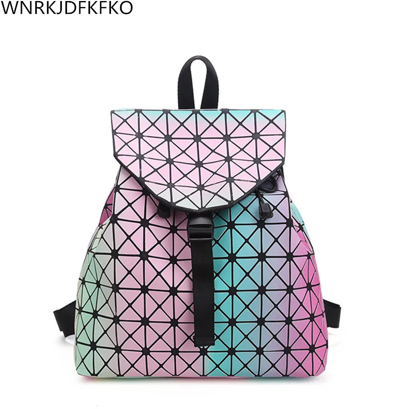 

Female Backpack Female Geometry Lattice Sequin College Wind Luminous Backpack package Teenage Girl Backpack Drawstring Hologr