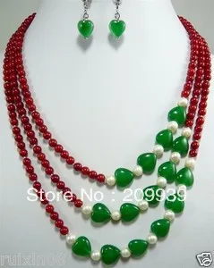 

huij 0032 free ship 3Rows 6mm Red Coral& Green Jade Necklace Earring