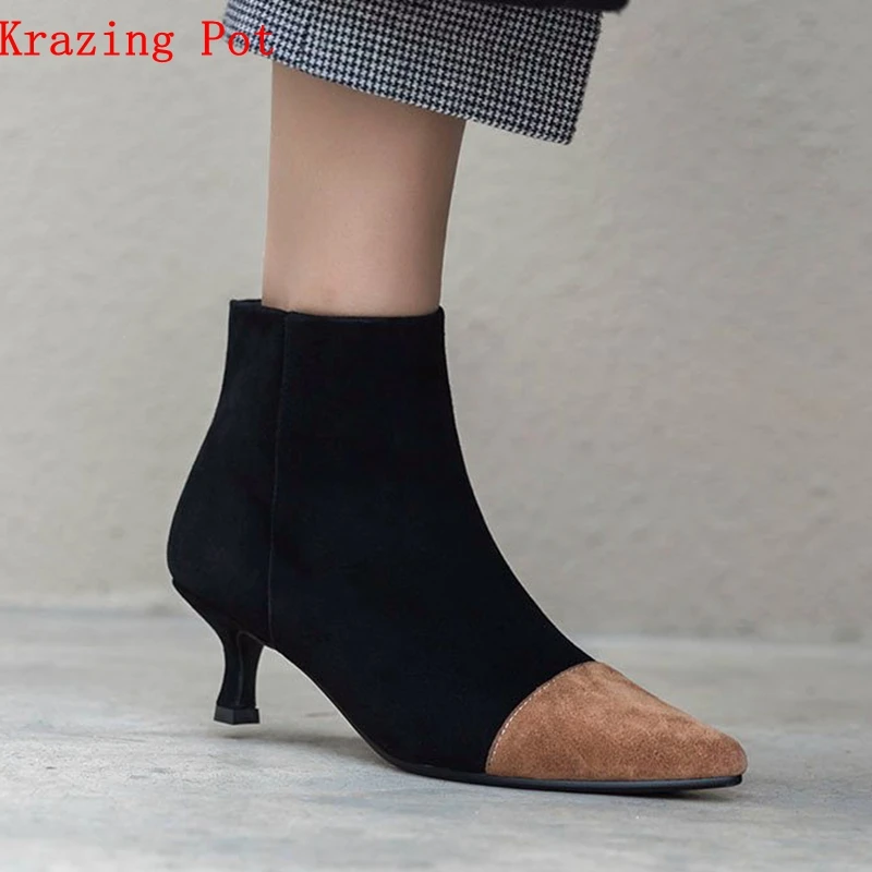 

Krazing Pot new arrival genuine leather mixed color basic boots pointed toe stiletto med heels zipper decoration ankle boots L20