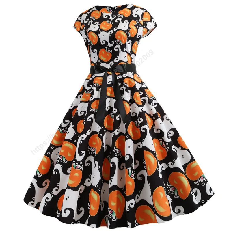 Pumpkin Print Halloween Dress Women Summer O Neck Short Sleeve Party Dress robe femme Elegant Vintage Dresses Plus Size