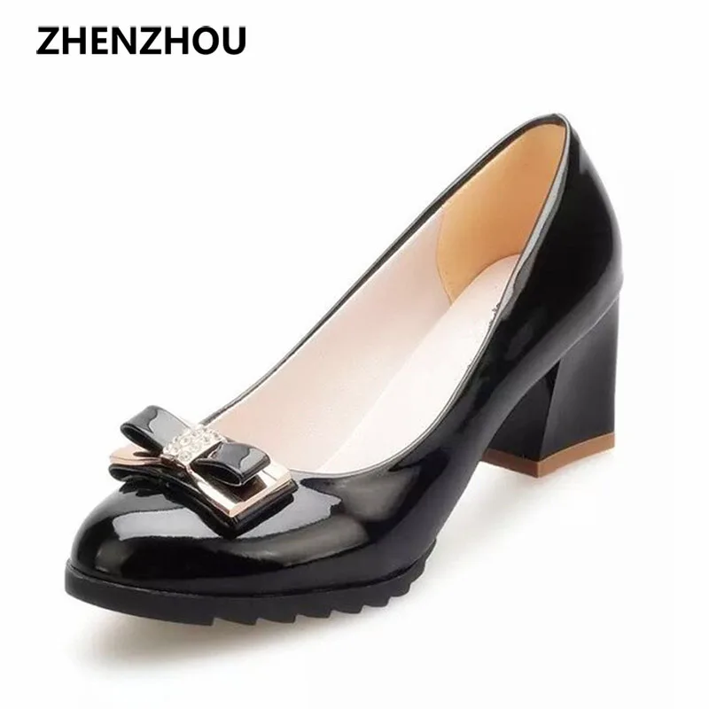 Free shipping 2016 women s bow shoes platform shallow mouth high thick heel brief ol leather