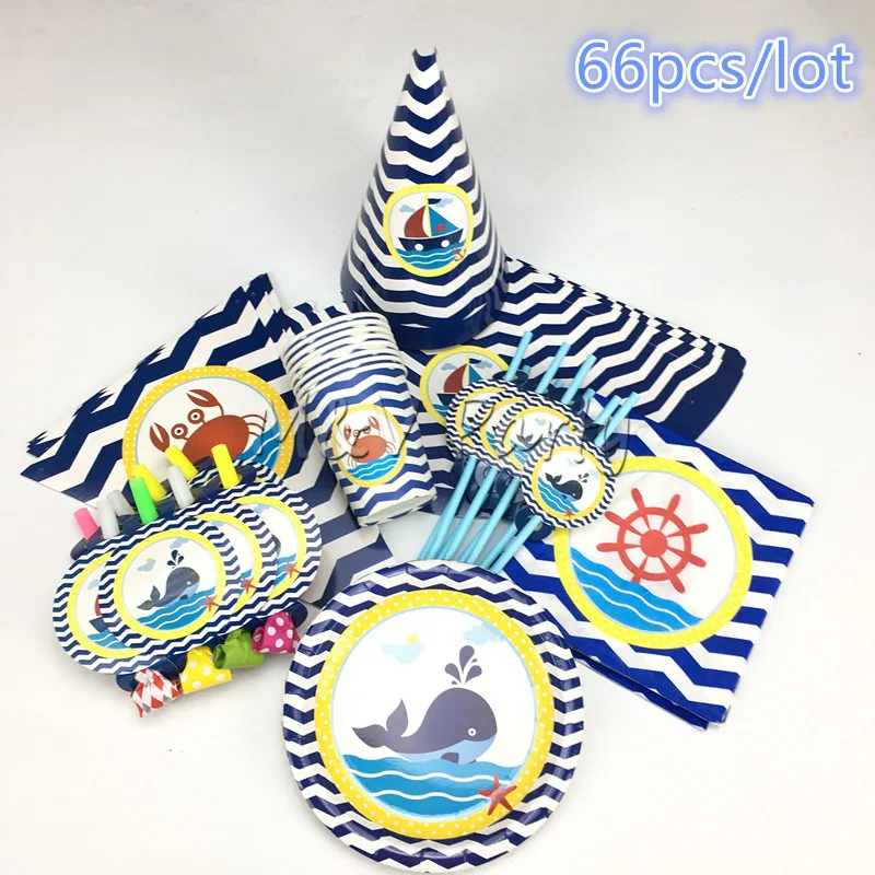 66 шт/лот синий полосатый морской тематический одноразовый набор посуды синие морские бумажные тарелки набор чашек Детские вечерние принадлежности для душа украшения