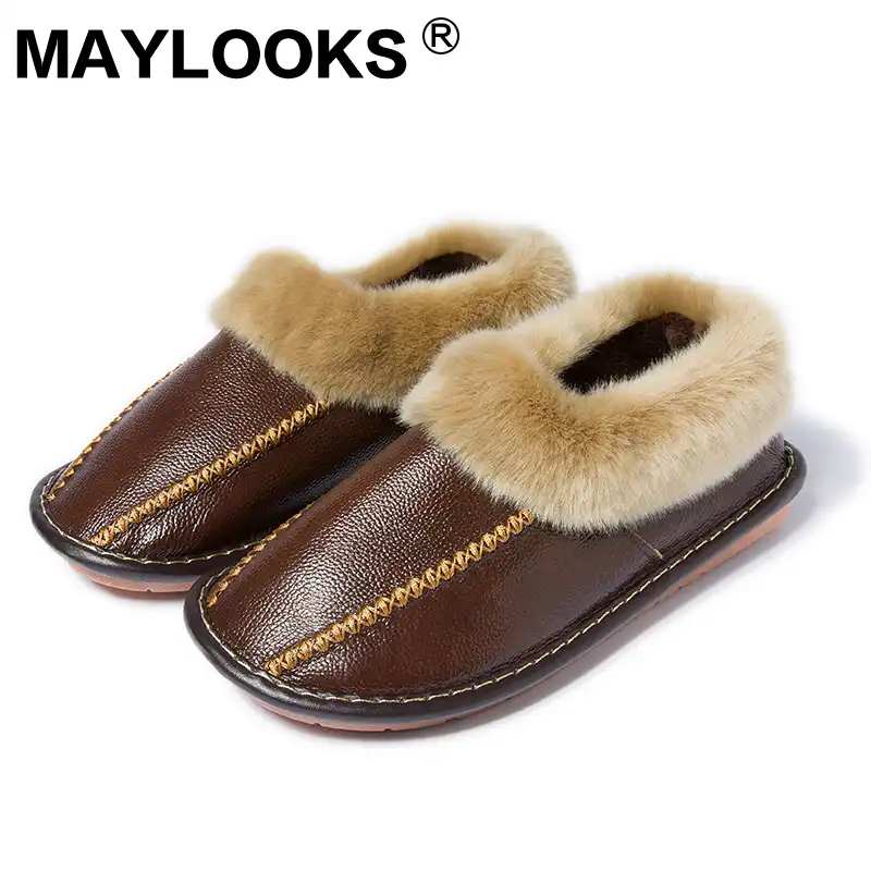 Men S Slippers Comfortable Leather Slippers Plush Lining