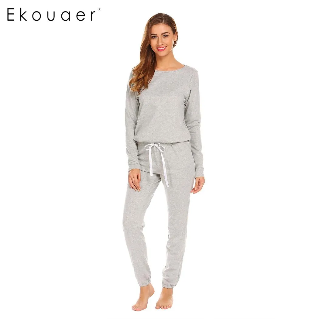 

Ekouaer Women Casual Sleepwear Pajamas Set Round Neck Long Sleeve Solid Drawstring Top & Pants Pajamas Nighties Female Homewear