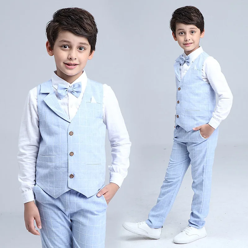 

2017 Boys Blazer Suit Kids Cotton Vest+Tie+Blouse+Pants 4 pieces/set Clothes Sets Boys Formal Blazers for Weddings Party
