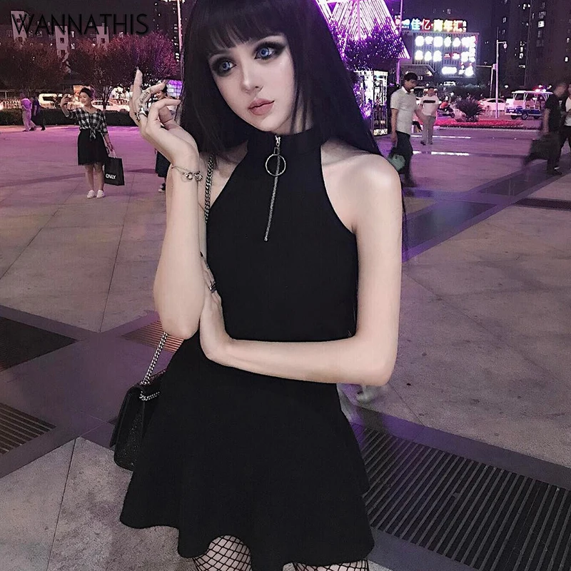 

WannaThis halter sleeveless dress solid black pleated zippers women summer casual sexy shorts slim streetwear gothic tank dress