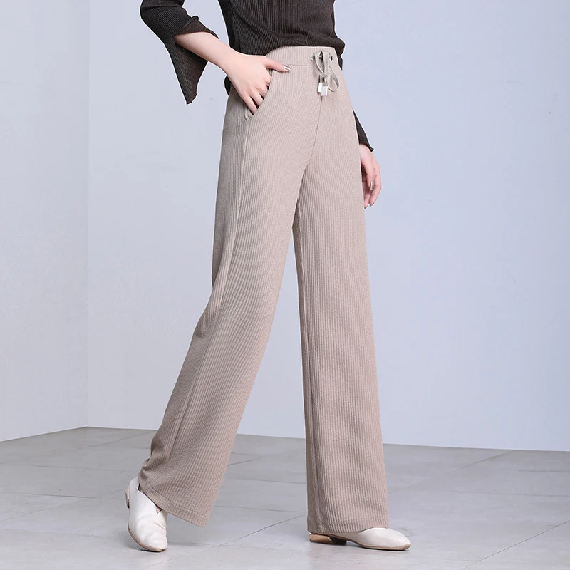 

2019 Korean Women Trousers Spring Summer knitted Wide Leg Pants Elastic High Waist Female Casual Loose Drag Straight Pants