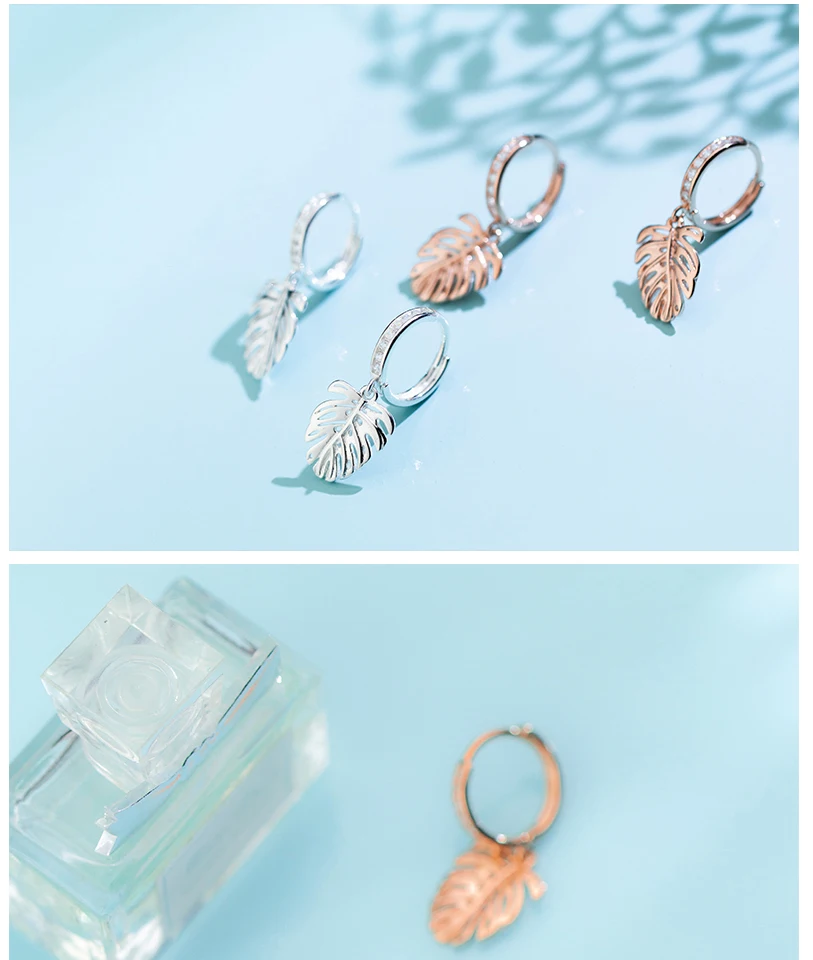 925 Sterling Silver Bohemia Monstera Leaf Hoop Earrings For Women Girls 2018 Fashion Piercing Huggie Earrings zilveren oorbellen (1)