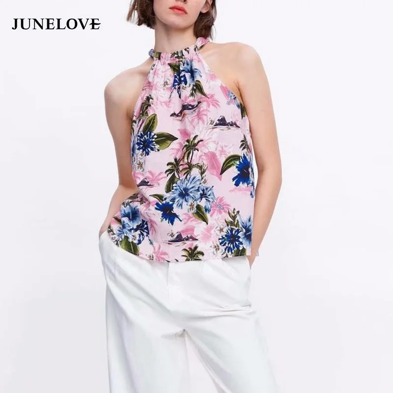 JuneLove Для женщин летние пикантные Бохо блузка Рубашки с цветочным принтом в