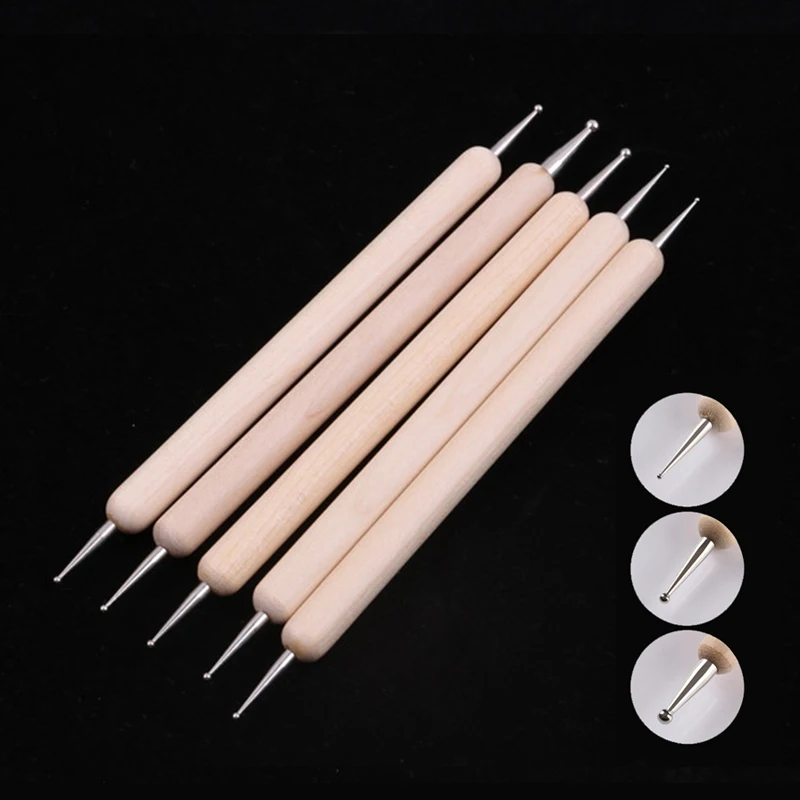 

5pcs/Set Nail Art Double-ended Dotting Pen Wooden Painting Rhinestone Studs Picker 2 Way DIY Doting Tool Set