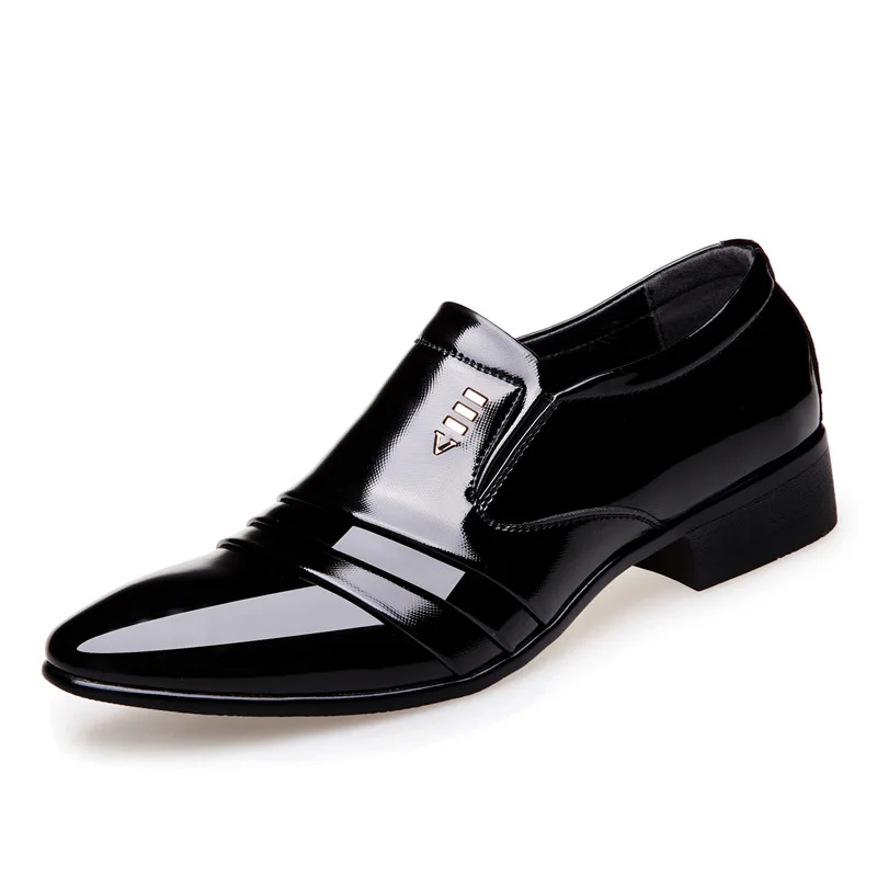 Мужские модельные туфли; большие размеры 38-46; мужские деловые туфли из лакированной кожи на плоской подошве; дышащие мужские деловые туфли без застежки - Цвет: Black
