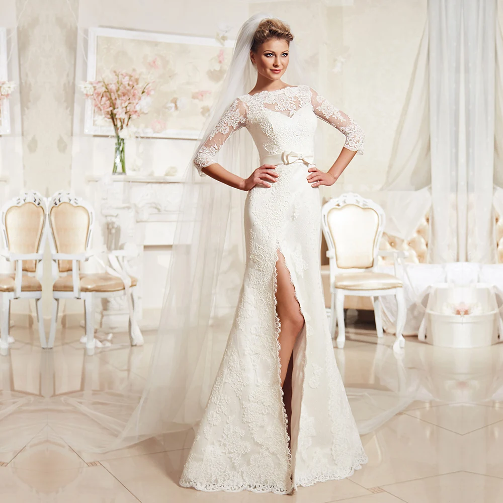 Elegant Boat Neck Half Sleeve Lace Appliques Leg Split Mermaid