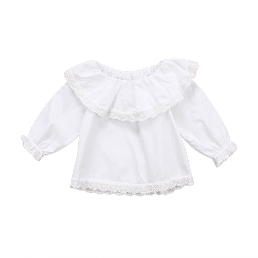 Для новорожденных Обувь для девочек Кружево длинным рукавом и открытыми плечами Белый рюшами футболка-топ Милая рубашка одежда
