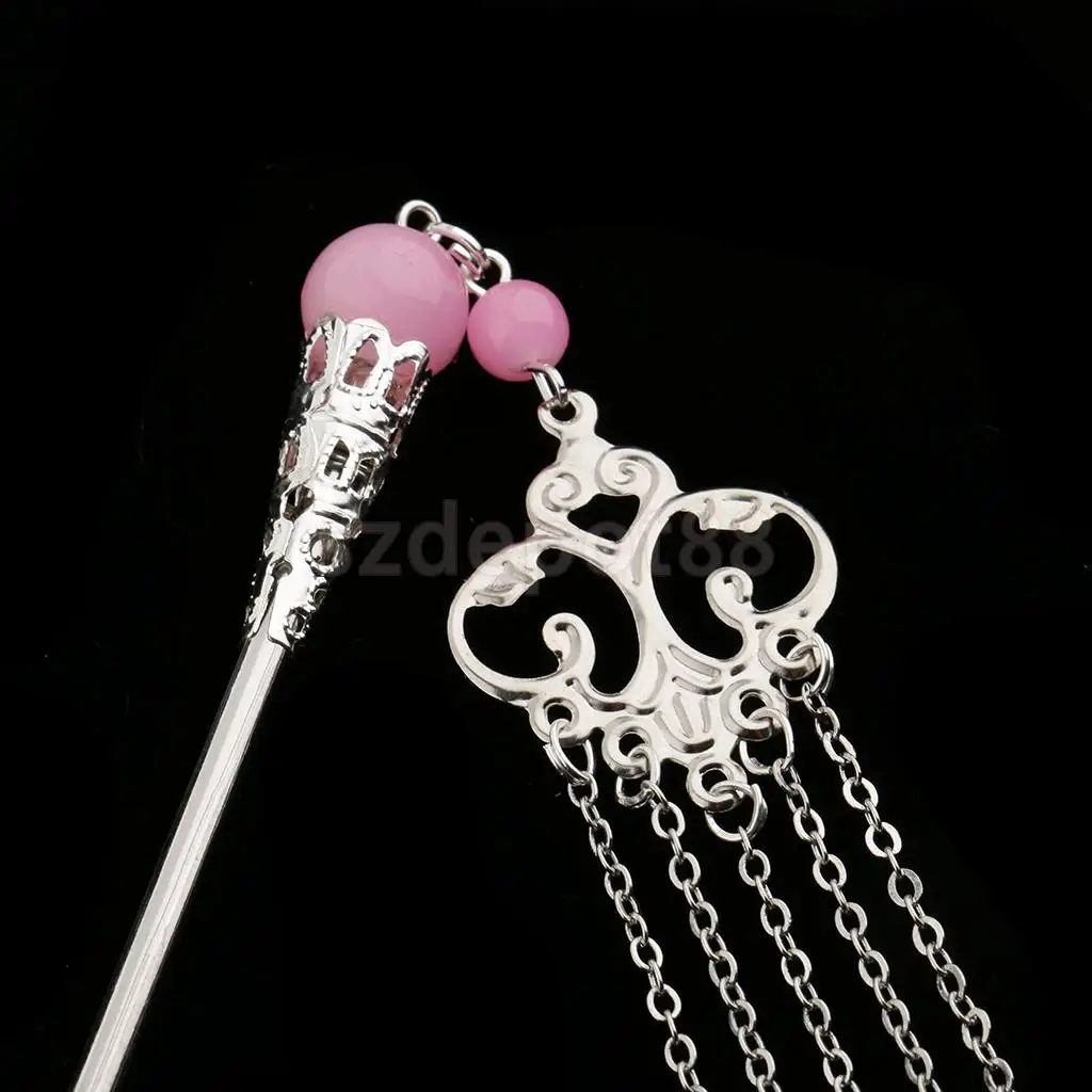 Solid Metal Tasel with Beads Stick Pin Hanfu Dress Ancient Chinese Cosplay Drama Girls Cute Hair Pin