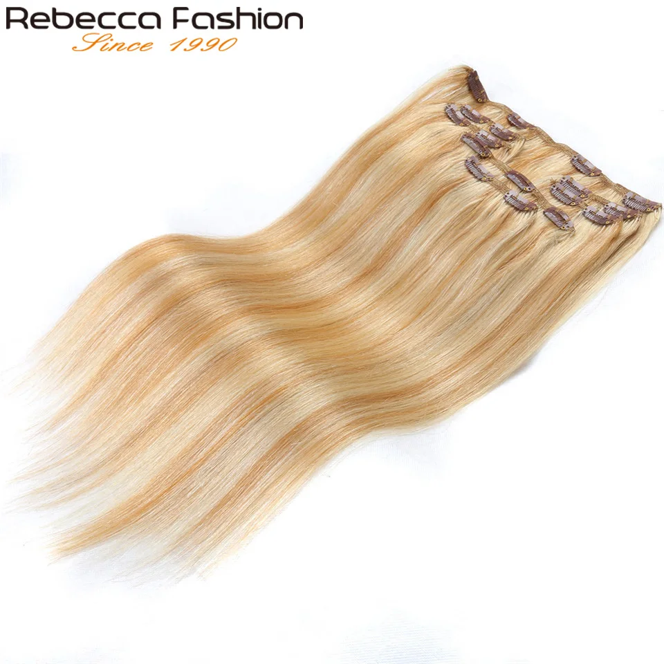 

Rebecca Hair Clip 7Pcs In Human Hair Extensions Peruvian 100% Human Straight Hair Blonde #P27/613 Full Head 7Pcs/Set Remy Hair