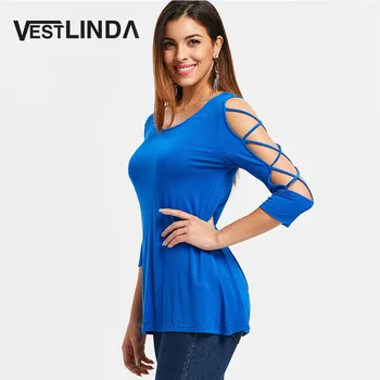 

VESTLINDA Criss Cross Sleeve Scoop Neck T-Shirt Casual Three Quarter Sleeve Solid Blue Tops Tees Female Clothes Women Tshirt