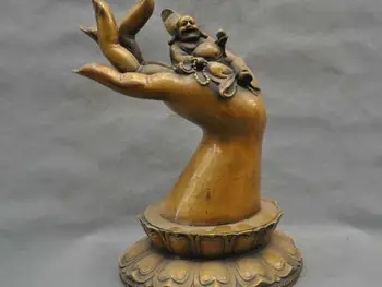 

14'' China Bronze Statue Happy Maitreya Buddha Sit In Guanyin Hand