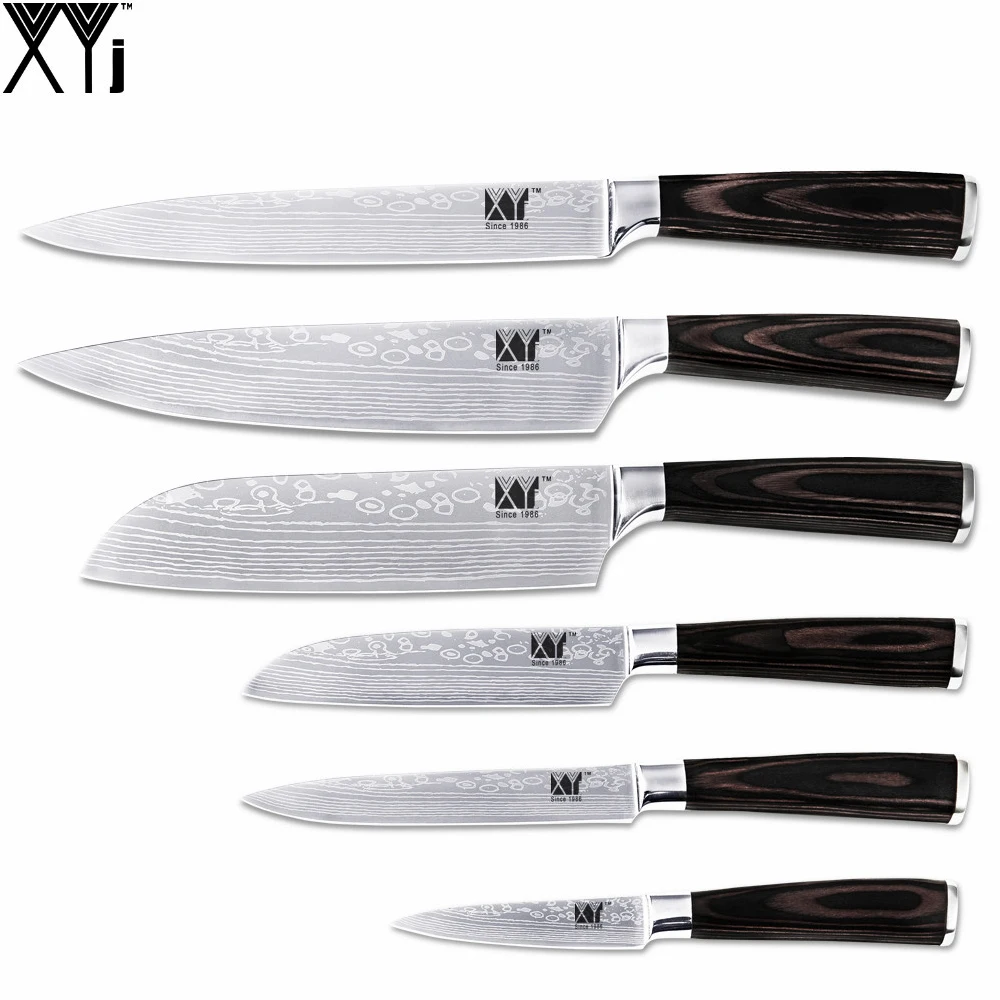 

XYJ Cooking Knife Set 6 PCS Stainless Steel Sharp Blade Color Wood Handle Paring Santoku Utility Slicing Chef Knife Kitchen Tool