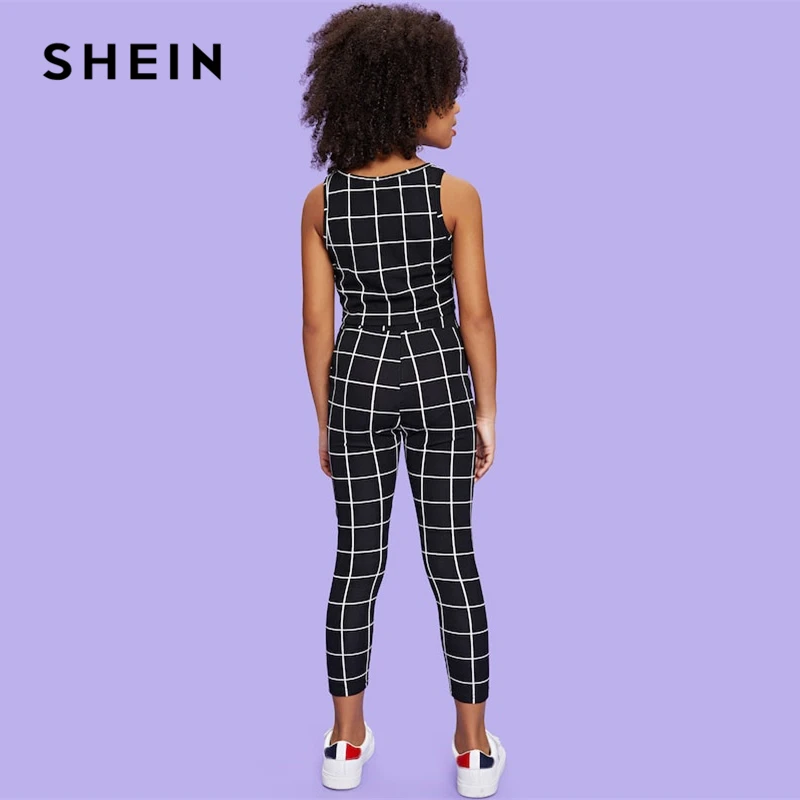 SHEIN كيدي الأسود سكوب الرقبة منقوشة خزان بلوزات وسراويل الفتيات الملابس اثنين من قطعة مجموعة 2019 الصيف الأزياء أكمام الاطفال الملابس