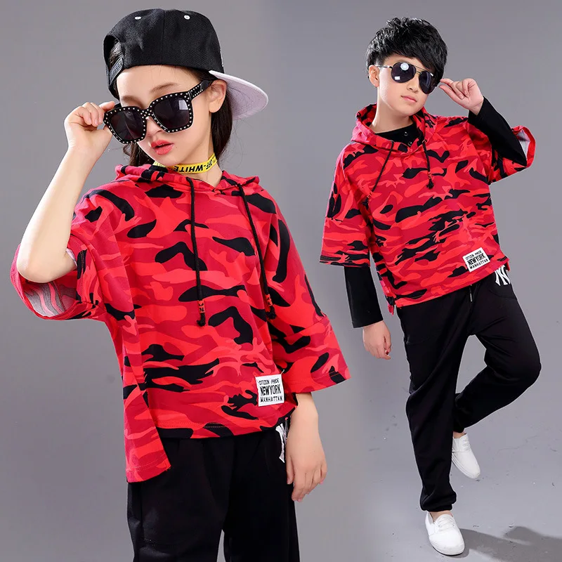 

Brand Children's Sports Suits Girl Boy Jazz Hip Hop Modern Dancewear Set Kid Dance Costume 2-3 Piece /set Red Black 3-14Years