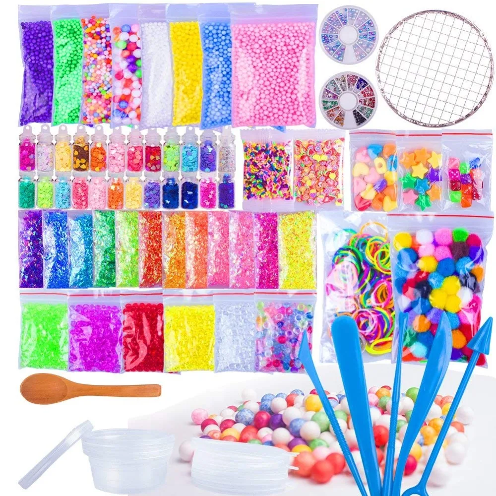 Kaufen 72 Pack Machen Kits Liefert für Schleim, Einschließlich Schaum Bälle, Fischglas Perlen, Net, Glitter Gläser, perlen, Zucker Papier angeln perlen