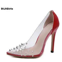 DiJiGirls/летние качественные женские босоножки на высоком каблуке ПВХ верх острые заклепки инкрустация верхней пикантные модные туфли на