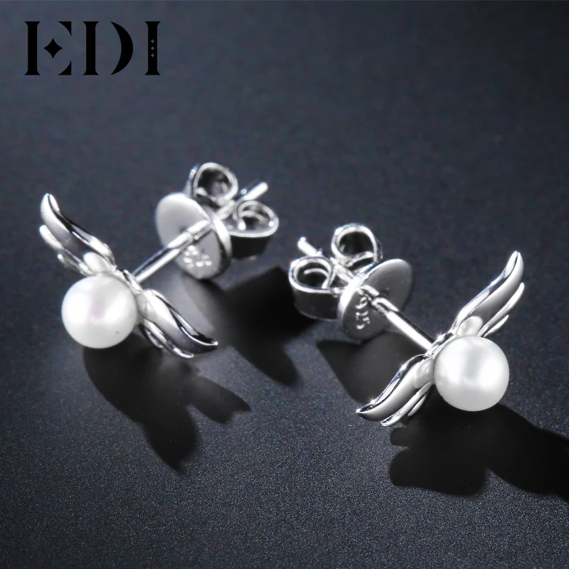 EDI 925 Sterling Silver 4mm Natural Freshwater Pearls Angel Wings Stud Earrings For Women Cute Jewelry