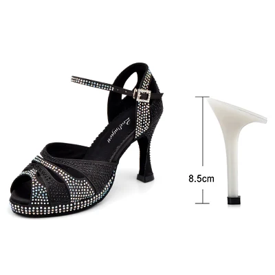 Танцевальная обувь; женская обувь для латинских танцев; блестящие стразы на высокой платформе; женские атласные сандалии для бальных танцев; Высокий каблук 9 см; Цвет Черный - Цвет: Black 8.5cm