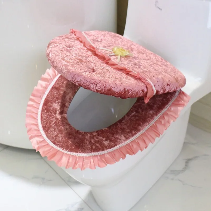 Lace Toilet Seat Cover Set Winter Warm Magic Sticker PU Waterproof Seat