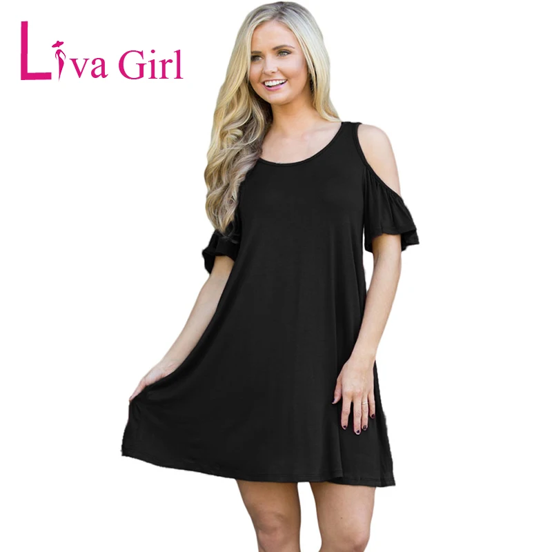 black cold shoulder mini dress