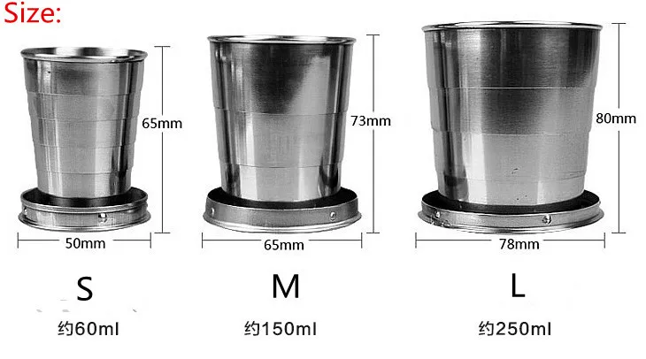 75 мл-240 мл Портативная Складная чашка из нержавеющей стали, спортивный для напитков, бутылка для воды для путешествий, походная Выдвижная чашка