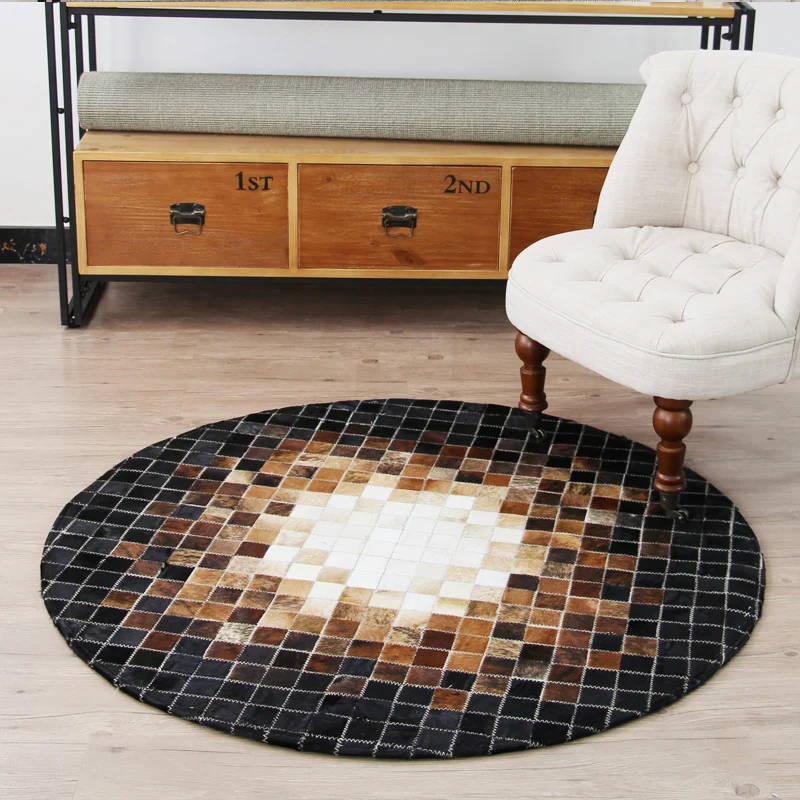 Роскошный, в американском стиле натуральный коричневый цвет воловья кожа ковер пэтчворк, ручная работа круглая форма коровья кожа меховой ковер для гостиной