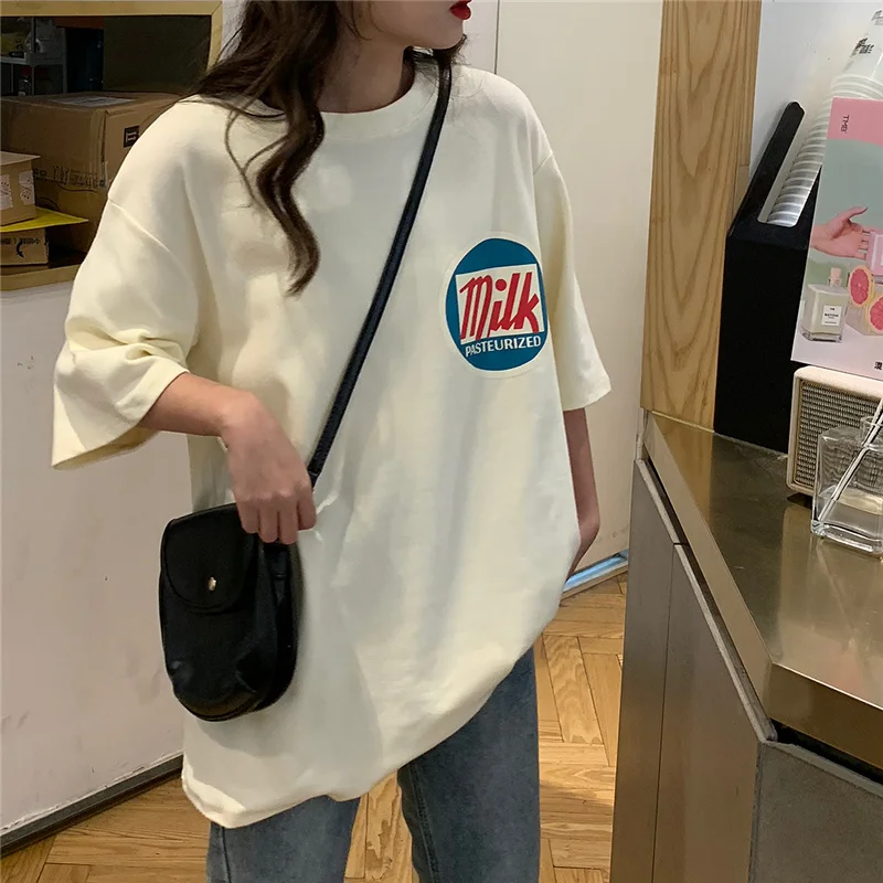 Женские футболки Харадзюку с принтом молока Kawaii BF Одежда Для Пар Унисекс свободная Длинная летняя футболка Топ Женская футболка корейский стиль тренд