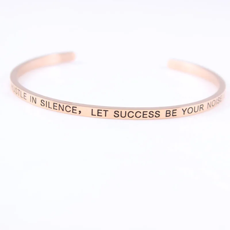 

Inspirational Bangle Mantra Bracelet Engraved HUSTLE IN SILENCE, LET SUCCESS BE YOUR NOISE Rose Gold Color Bangle Bracelet
