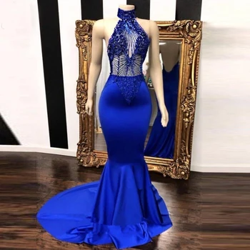 

Floor Length Royal Blue Mermaid Prom Dresses 2020 Beaded Top High Neck Satin Backless African Black Girl Long Prom Dress