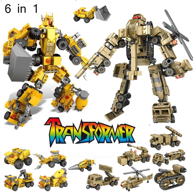 

6 IN 1 Military Engineering Transform Robot Figures Building Blocks Compatible Legoing City Bricks Toys Gifts For Child Friends