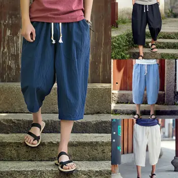 

Hot Men Casual Harem Pants Linen Loose Cropped Pant Capri Oversize Trousers