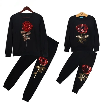 

Autumn Family Matching Outfits Mother And Daughter Sequins Rose Floral Sweatshirt+Pants 2Pcs Girls Clothes Suit Family Look Sets