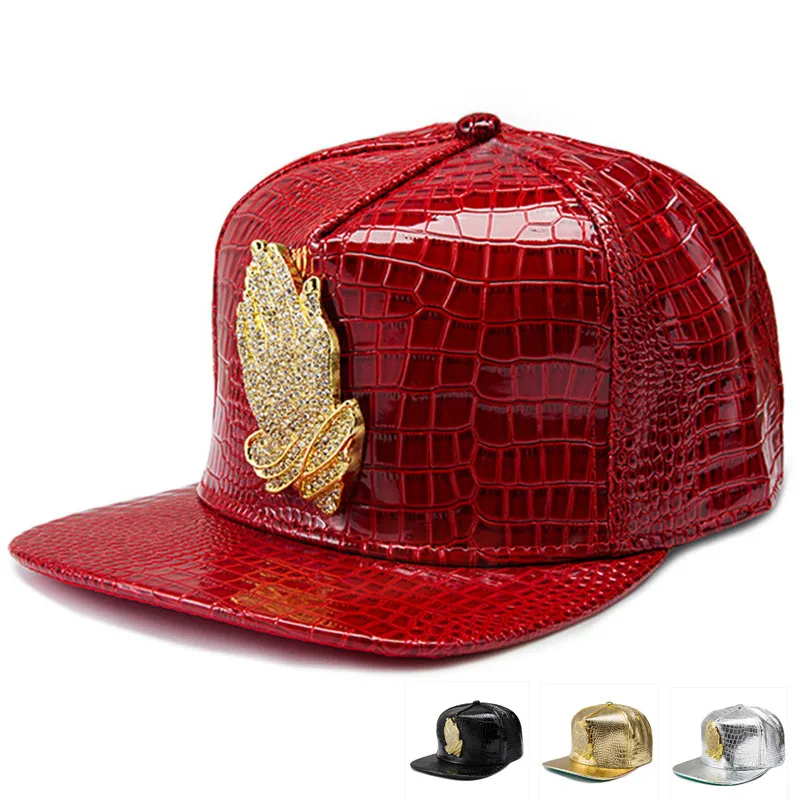 

Faux Leather Jesus hip hop hats Diamond Crocodile Grain Bone Reta snapback Gold praying hand logo baseball caps men women gift