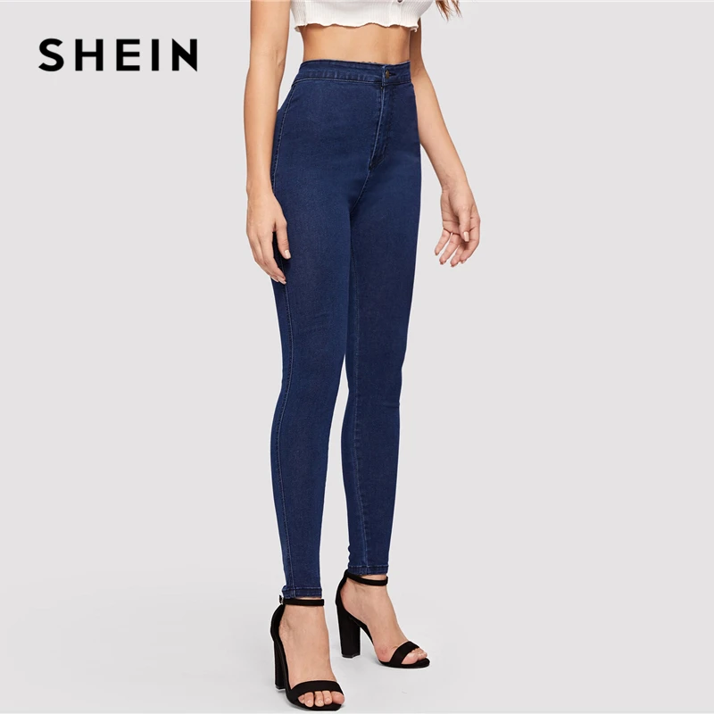 Однотонные обтягивающие джинсы SHEIN весна осень 2019 узкие эластичные синие темно