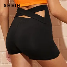 SHEIN Wide Waistband Criss Cross Back Shorts Women Solid Sporty High Waist Shorts Skinny Elastic Waist Stretchy Summer Shorts
