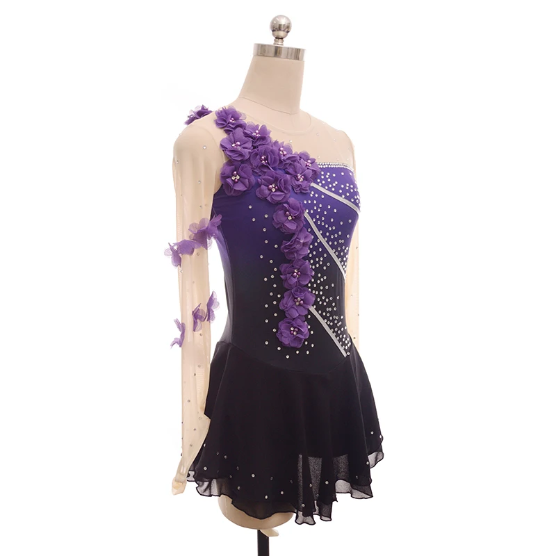 customized ice figure skating dress rhythmic gymnastics adult child girl show skirt competition purple rhinestone long sleeve
