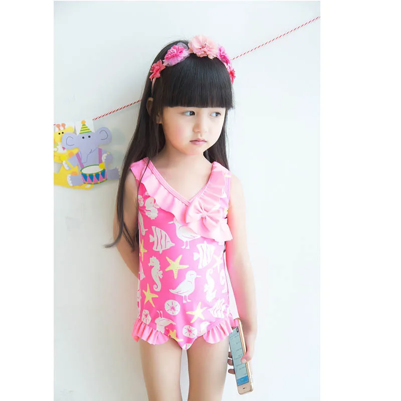 Детский купальник, красивый розовый купальник с цветочным принтом и бантом для девочек - Цвет: style 1