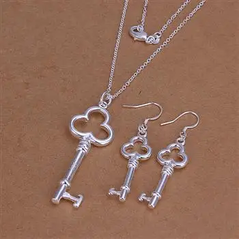 

Wholesale fashion jewelry set, 925 silver necklace + earring suit heart-shaped key two-piece foreign trade S200