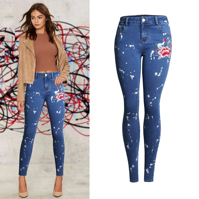 Olrain Womens Jeans High Waist Skinny Casual Slim Fit Cool Embroidery Denim Cotton Stretchy Denim Pencil