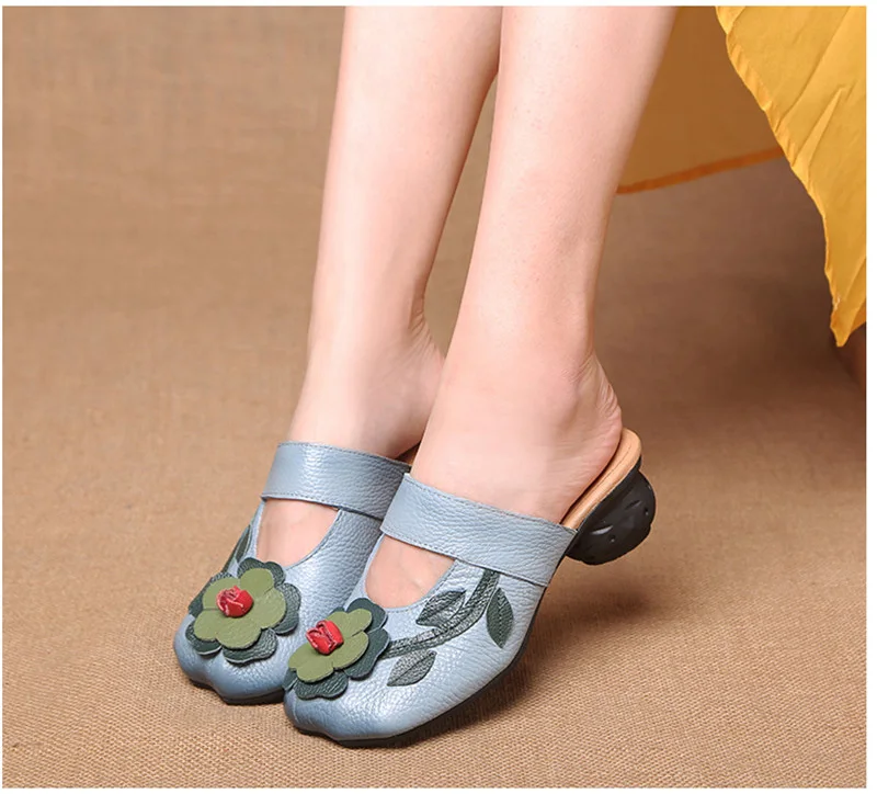 2018 New Summer National Style Women Slides Genuine Leather Half Slippers Retro Handmade Ladies Shoes Comfortable Female Sandals (19)
